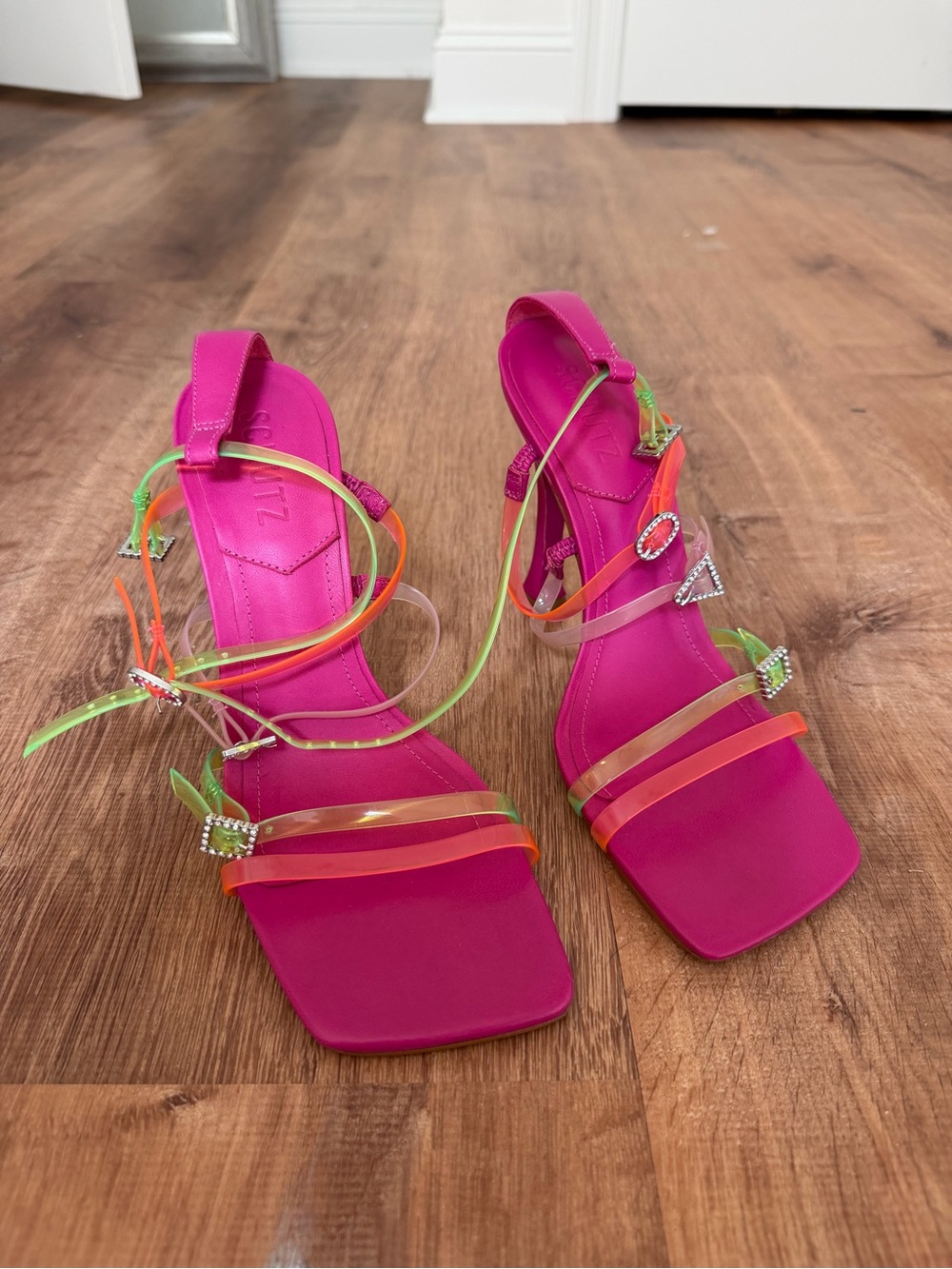 SCHUTZ Hot Pink Square-Toe Heels with Multicolor Clear Straps 4 inch